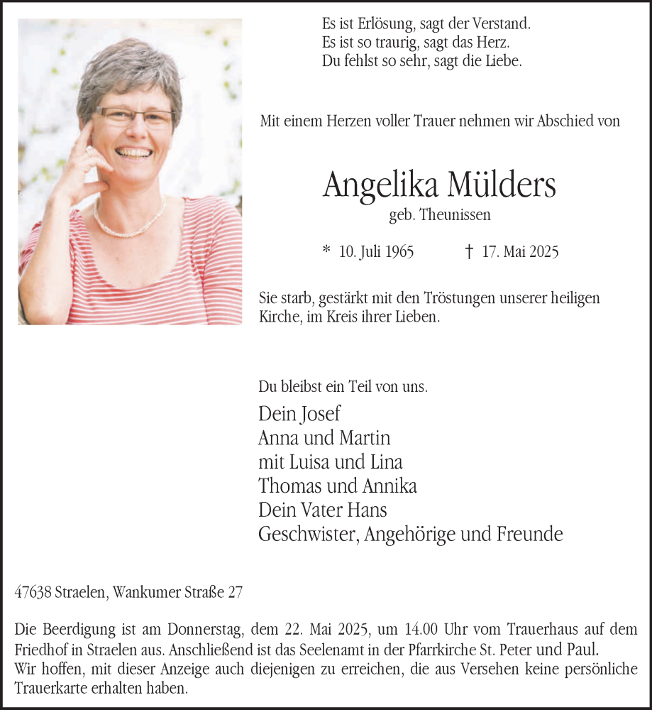  Traueranzeige für Angelika Mülders vom 21.05.2025 aus NNA