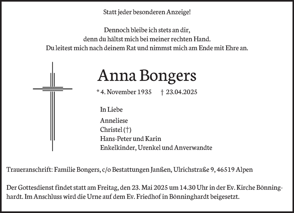  Traueranzeige für Anna Bongers vom 17.05.2025 aus NNA