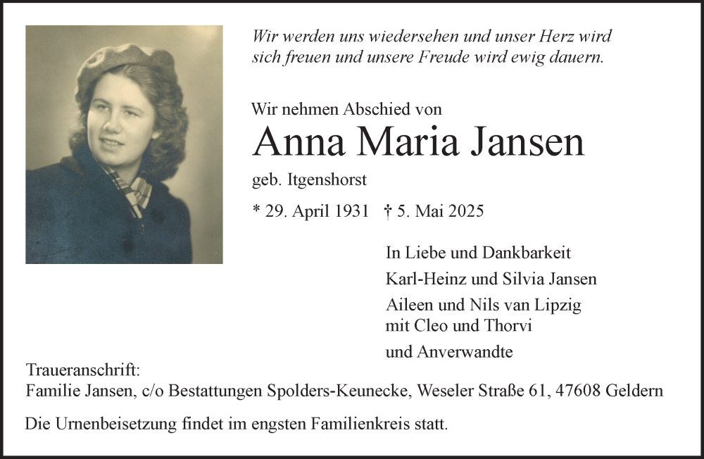 Traueranzeige für Anna Maria Jansen vom 17.05.2025 aus NNA