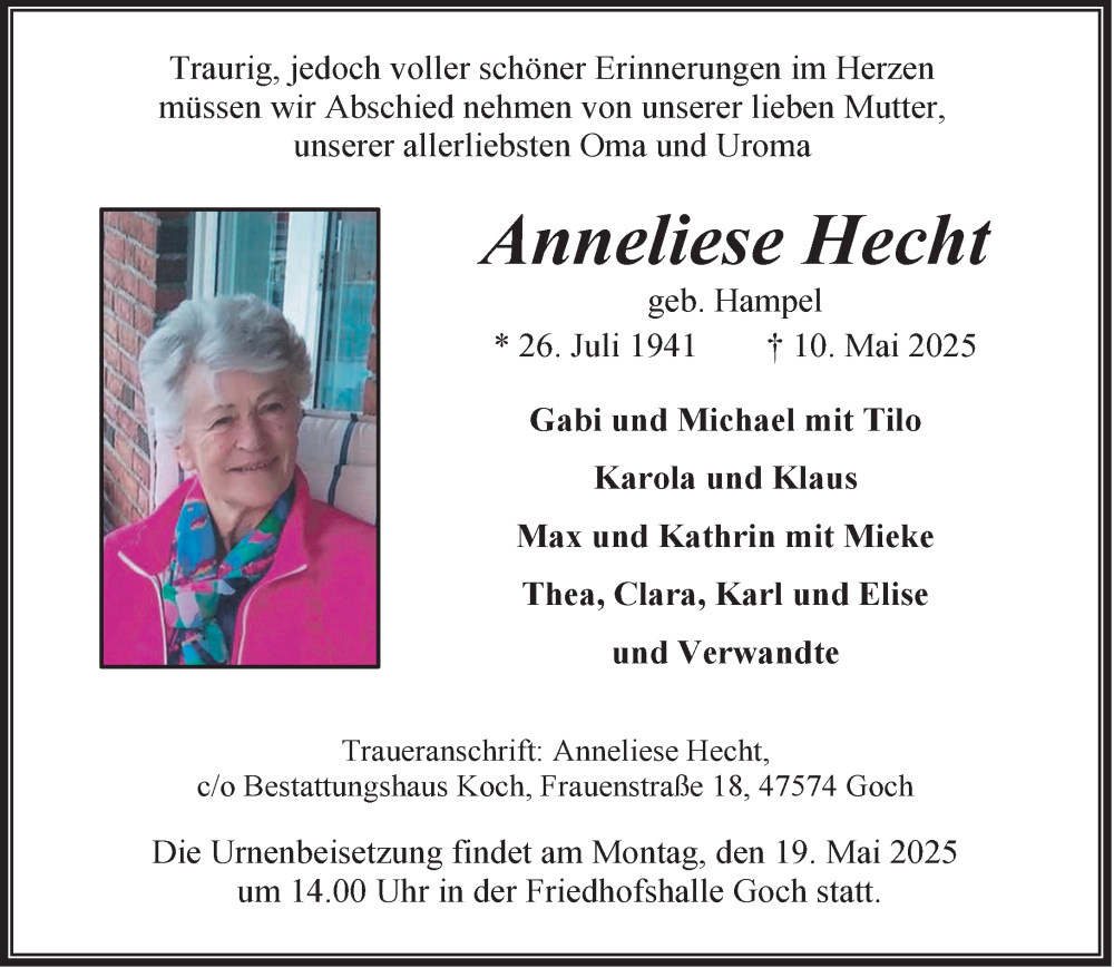  Traueranzeige für Anneliese Hecht vom 17.05.2025 aus NNA
