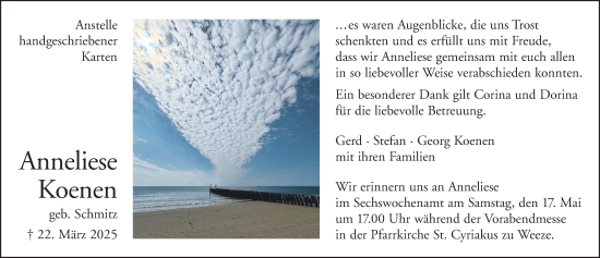 Traueranzeige von Anneliese Koenen von NNA