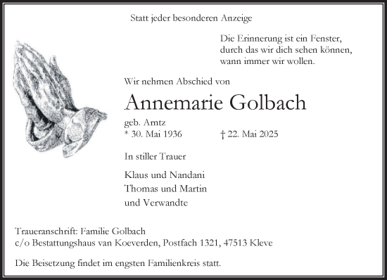 Traueranzeige von Annemarie Golbach von NNA