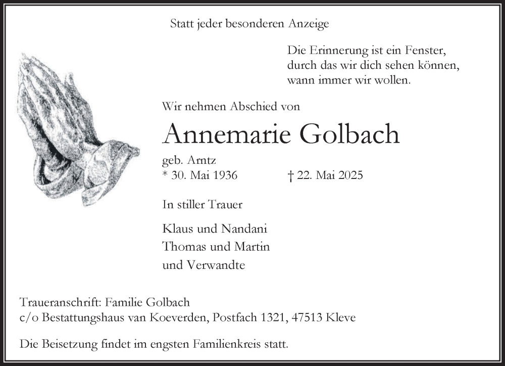  Traueranzeige für Annemarie Golbach vom 31.05.2025 aus NNA
