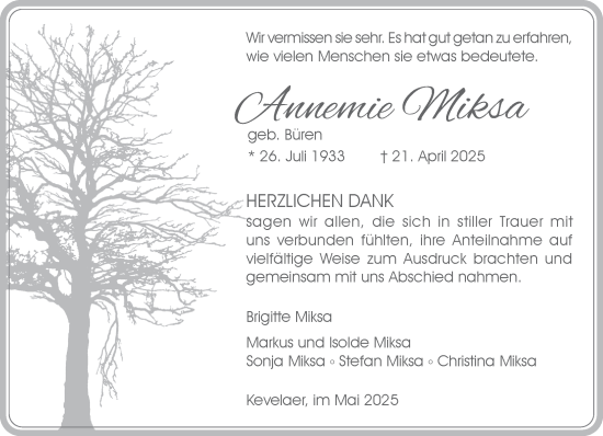 Traueranzeige von Annemie Miksa von NNA