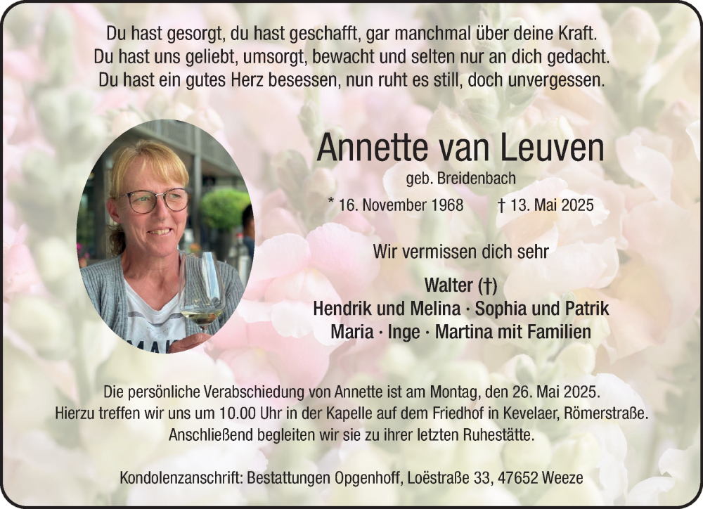  Traueranzeige für Annette van Leuven vom 17.05.2025 aus NNA