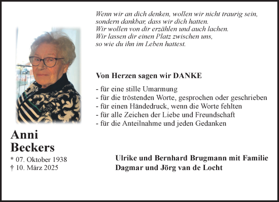 Traueranzeige von Anni Beckers von NNA