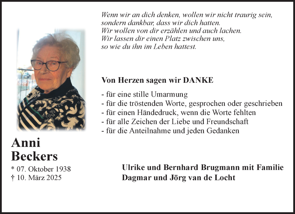  Traueranzeige für Anni Beckers vom 03.05.2025 aus NNA