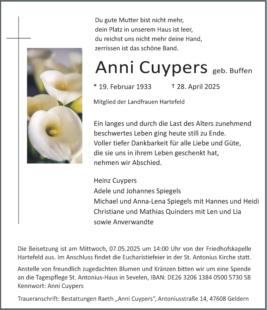  Traueranzeige für Anni Cuypers vom 03.05.2025 aus NNA