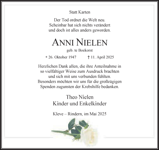 Traueranzeige von Anni Nielen von NNA