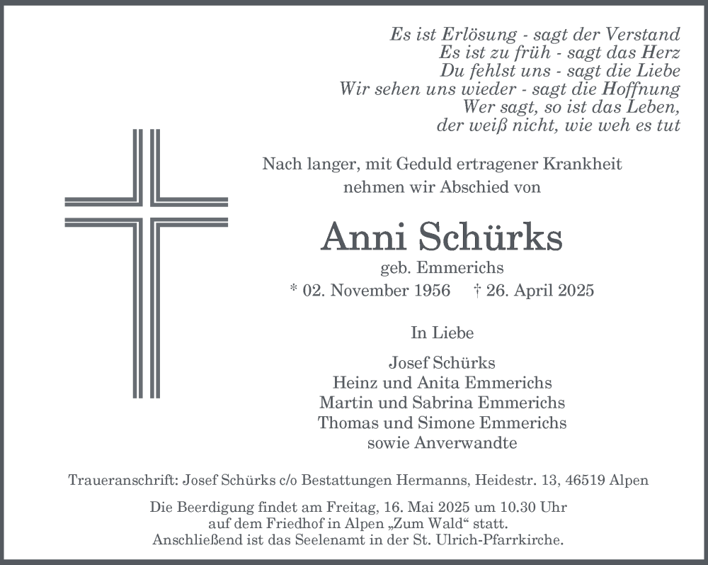  Traueranzeige für Anni Schürks vom 07.05.2025 aus NNA