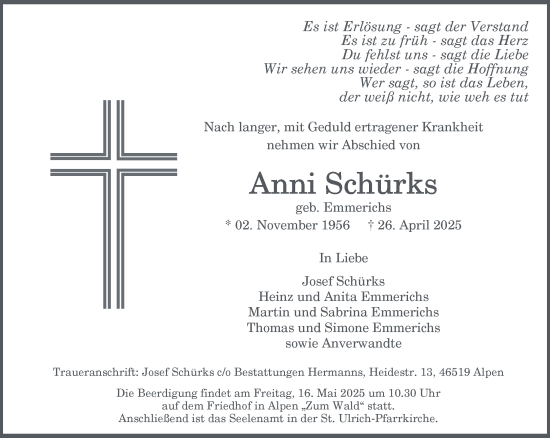 Traueranzeige von Anni Schürks von NNA