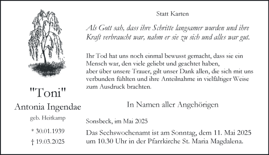 Traueranzeige von Antonia Ingendae von NNA