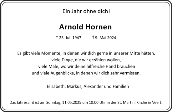 Traueranzeige von Arnold Hornen von NNA