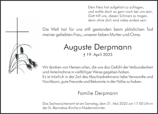 Traueranzeige von Auguste Derpmann von NNA