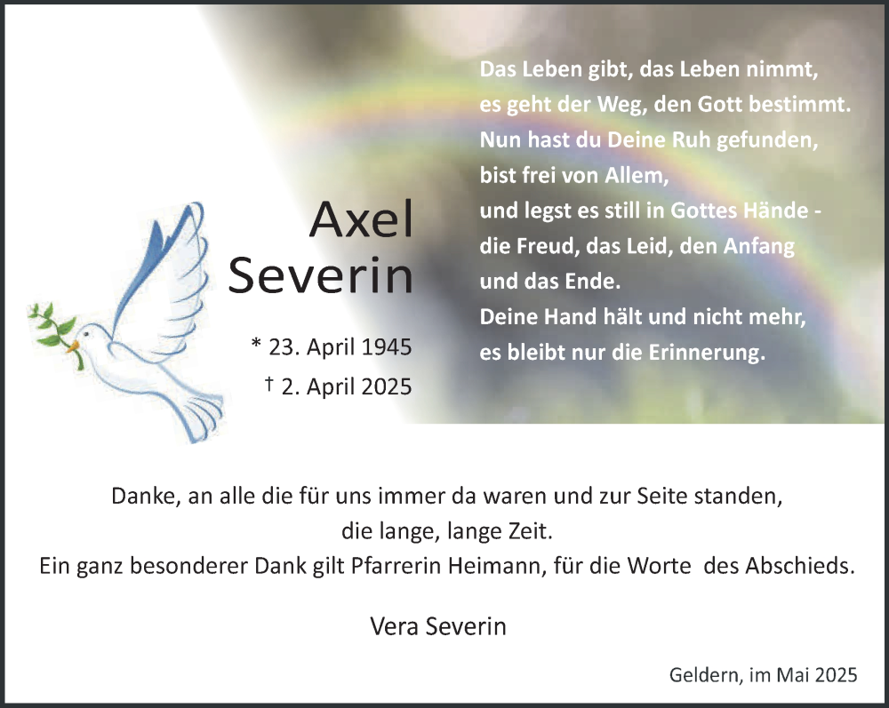  Traueranzeige für Axel Severin vom 21.05.2025 aus NNA