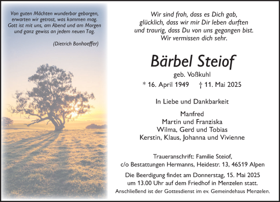 Traueranzeige von Bärbel Steiof von NNA