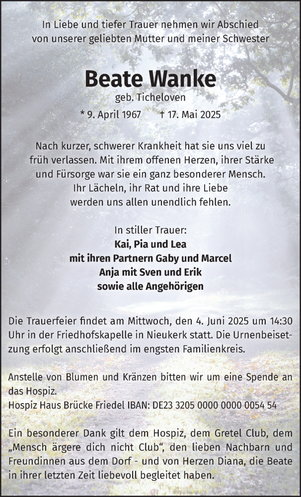  Traueranzeige für Beate Wanke vom 31.05.2025 aus NNA