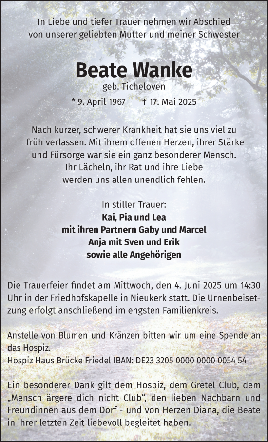 Traueranzeige von Beate Wanke von NNA
