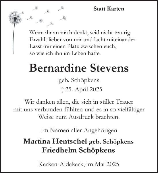 Traueranzeige von Bernardine Stevens von NNA