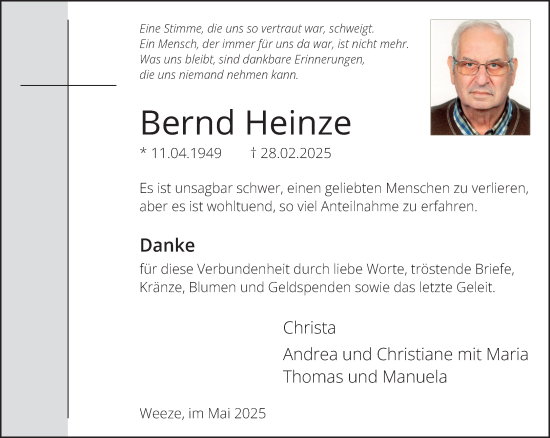 Traueranzeige von Bernd Heinze von NNA