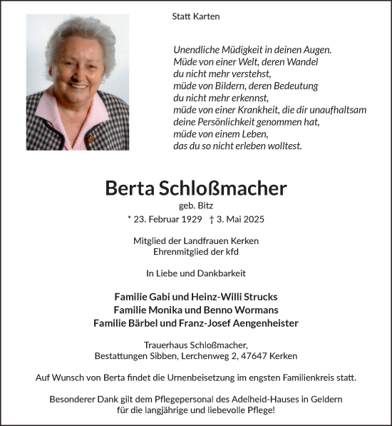 Traueranzeige von Berta Schloßmacher von NNA