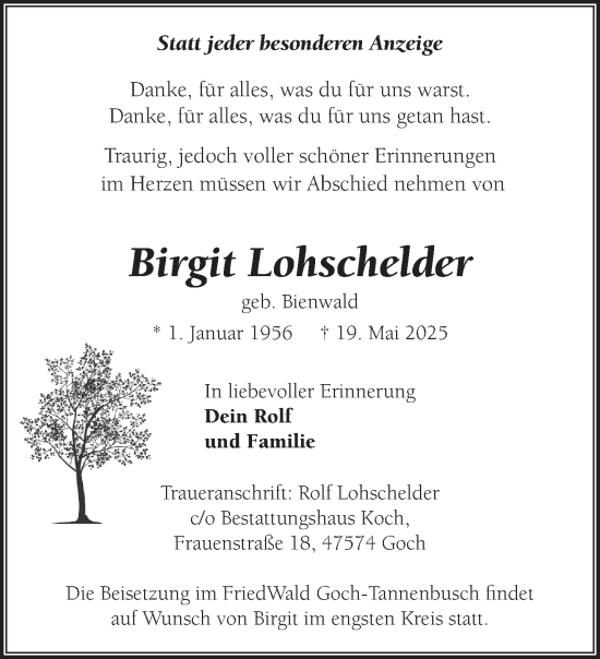 Traueranzeige von Birgit Lohschelder von NNA