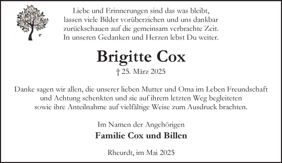 Traueranzeige von Brigitte Cox von NNA