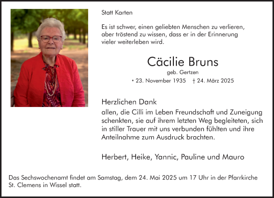 Traueranzeige von Cäcilie Bruns von NNA