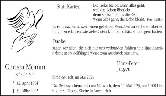 Traueranzeige von Christa Momm von NNA