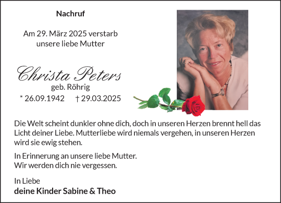 Traueranzeige von Christa Peters von NNA