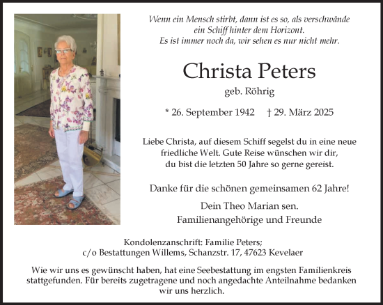 Traueranzeige von Christa Peters von NNA