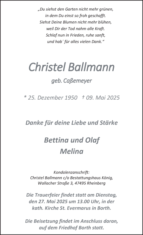 Traueranzeige von Christel Ballmann von NNA