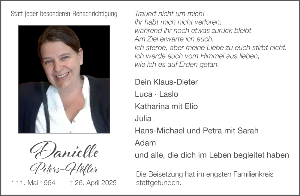  Traueranzeige für Danielle Peters-Höfler vom 17.05.2025 aus NNA