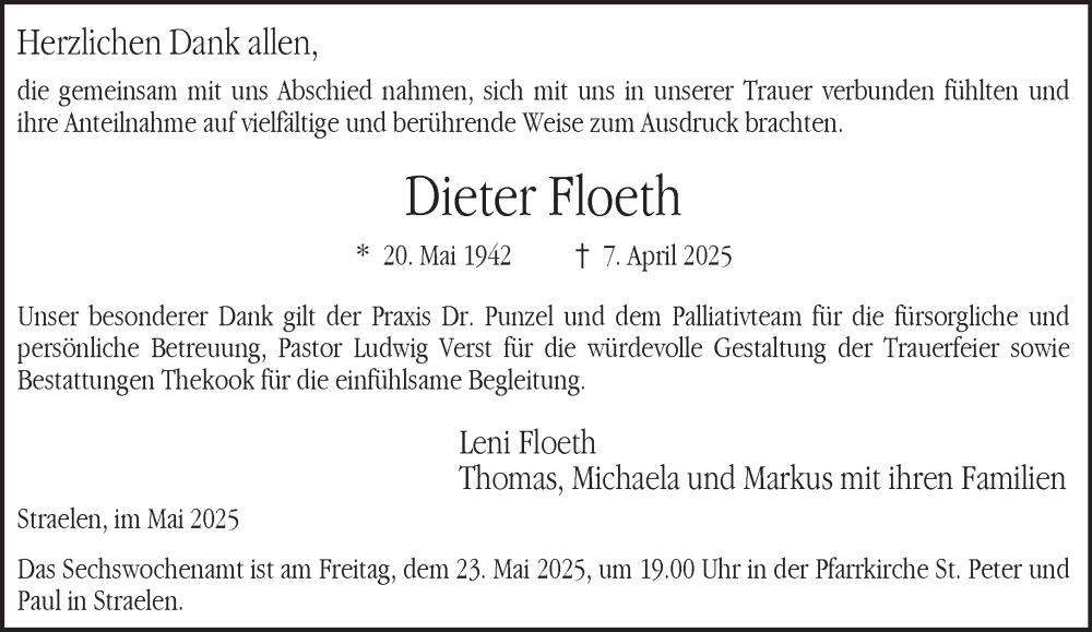  Traueranzeige für Dieter Floeth vom 17.05.2025 aus NNA