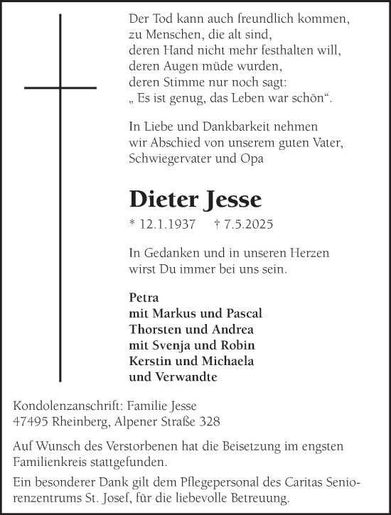Traueranzeige von Dieter Jesse von NNA