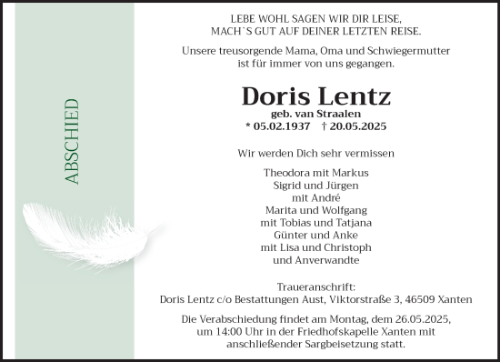 Traueranzeige von Doris Lentz von NNA