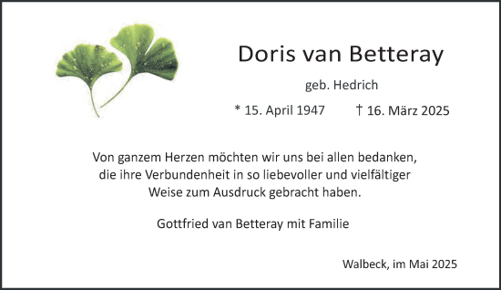 Traueranzeige von Doris van Betteray von NNA
