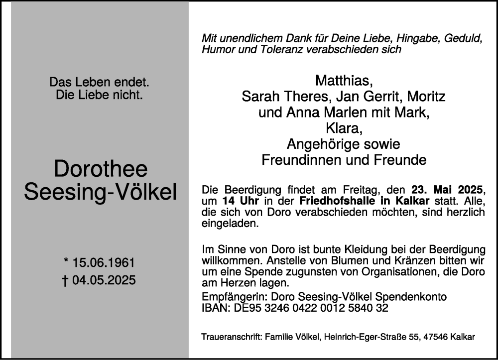  Traueranzeige für Dorothee Seesing-Völkel vom 10.05.2025 aus NNA