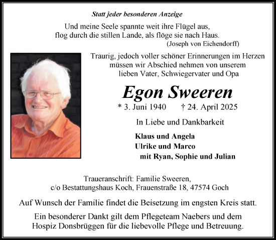 Traueranzeige von Egon Sweeren von NNA
