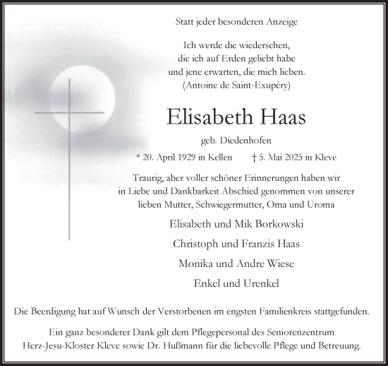 Traueranzeige von Elisabeth Haas von NNA