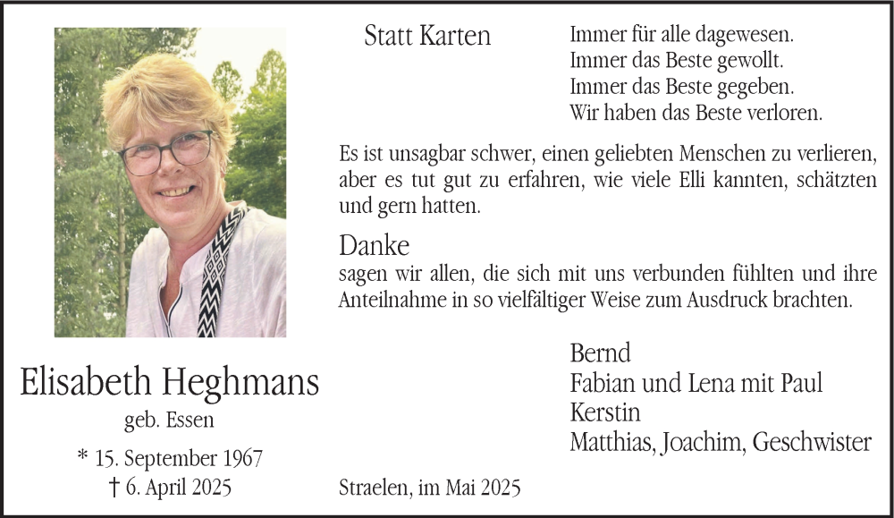  Traueranzeige für Elisabeth Heghmans vom 10.05.2025 aus NNA