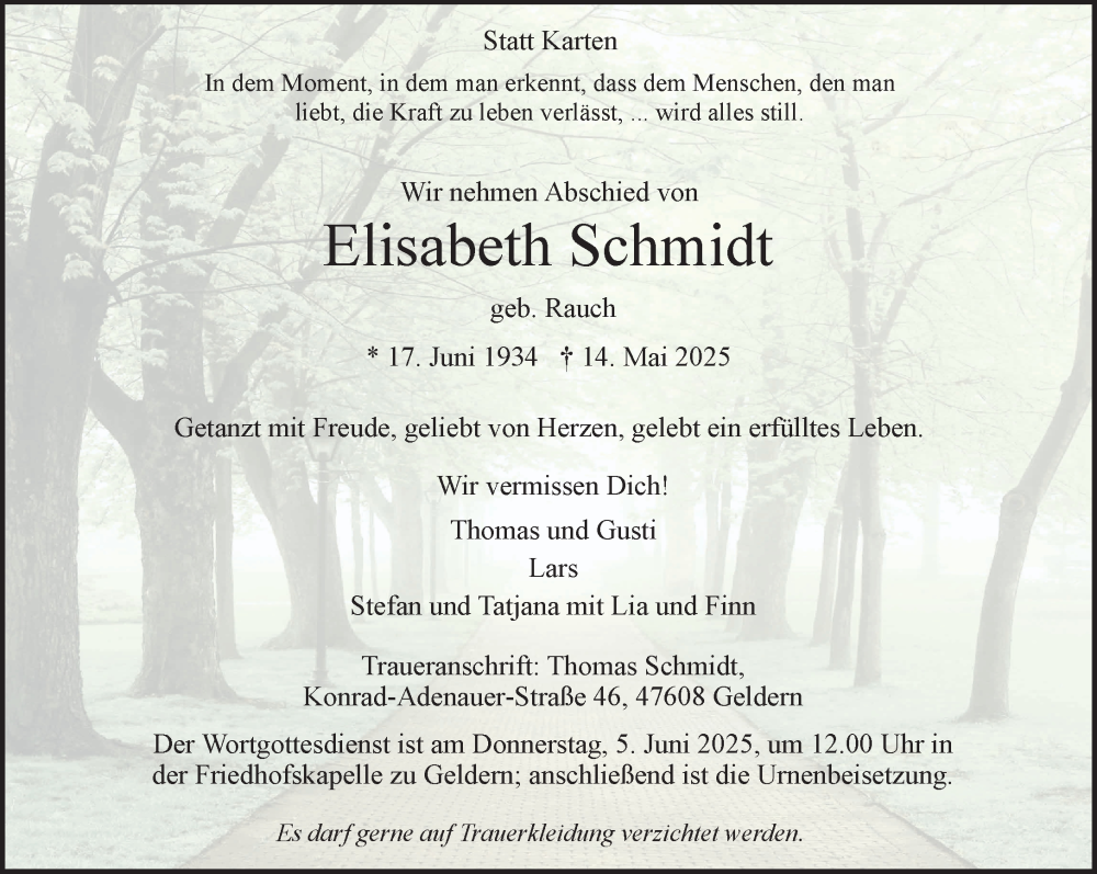  Traueranzeige für Elisabeth Schmidt vom 31.05.2025 aus NNA