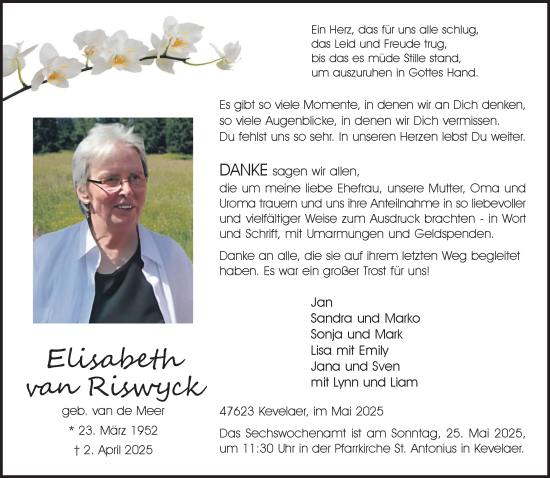 Traueranzeige von Elisabeth van Riswyck von NNA
