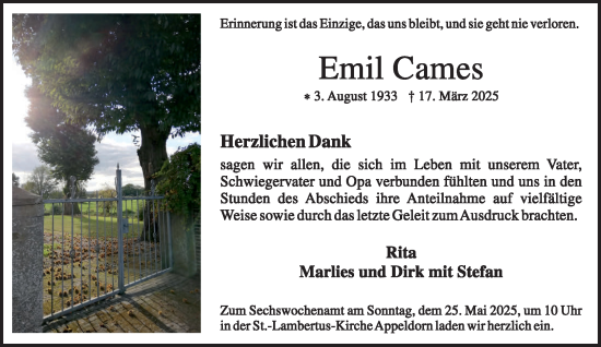 Traueranzeige von Emil Cames von NNA