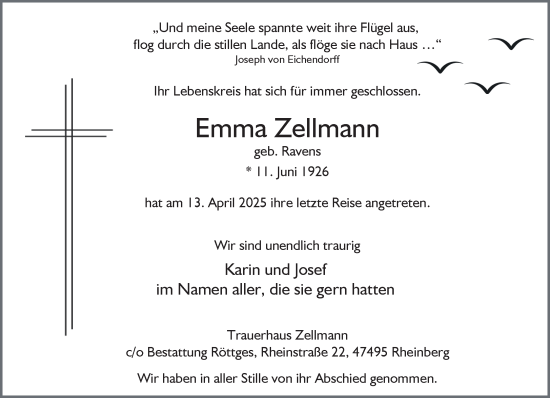 Traueranzeige von Emma Zellmann von NNA