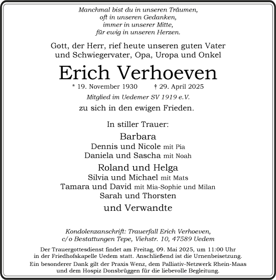 Traueranzeige von Erich Verhoeven von NNA