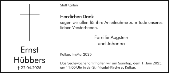 Traueranzeige von Ernst Hübbers von NNA