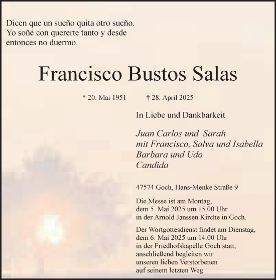 Traueranzeige von Francisco Bustos Salas von NNA