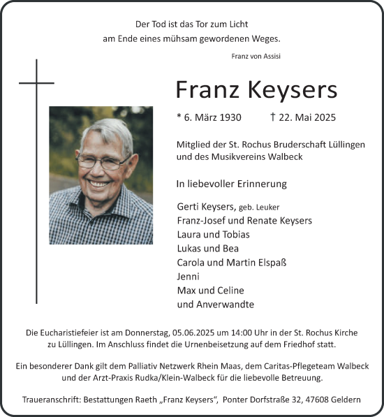 Traueranzeige von Franz Keysers von NNA
