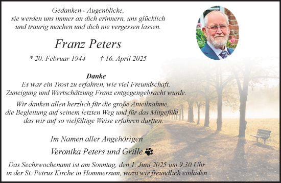 Traueranzeige von Franz Peters von NNA